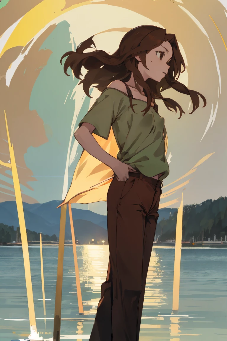Lake Izu,((Highest quality)), ((masterpiece)), (be familiar with), One female,(Small breasts),Long Hair, Brown Hair,Facing forward, Brown eyes,Light green shirt,Exposing shoulders,Erect nipples,brown pants