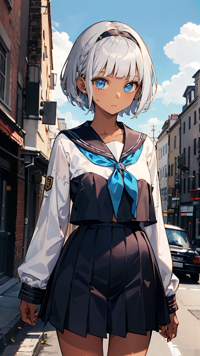 One Woman、 (((dark skin))), Beautiful silver hair、((((Very short hair))))、French braids、skyblue eyes、Beautiful Eyes、(hair band)、(((Blunt bangs))), ((Medium Chest)), No 24 years old、Tight waist, noon、Spring schoolyard、Sailor suit、-Sleeve、belly button、mini skirt、whole body