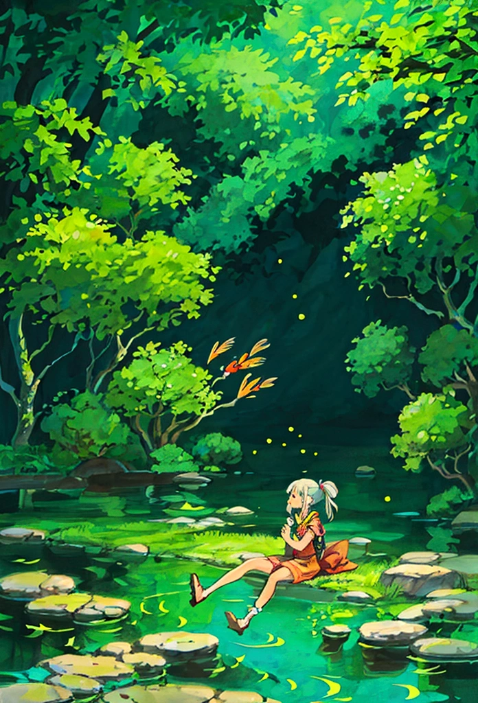 Illustration of a girl sitting in a pond surrounded by koi carp, fireflies