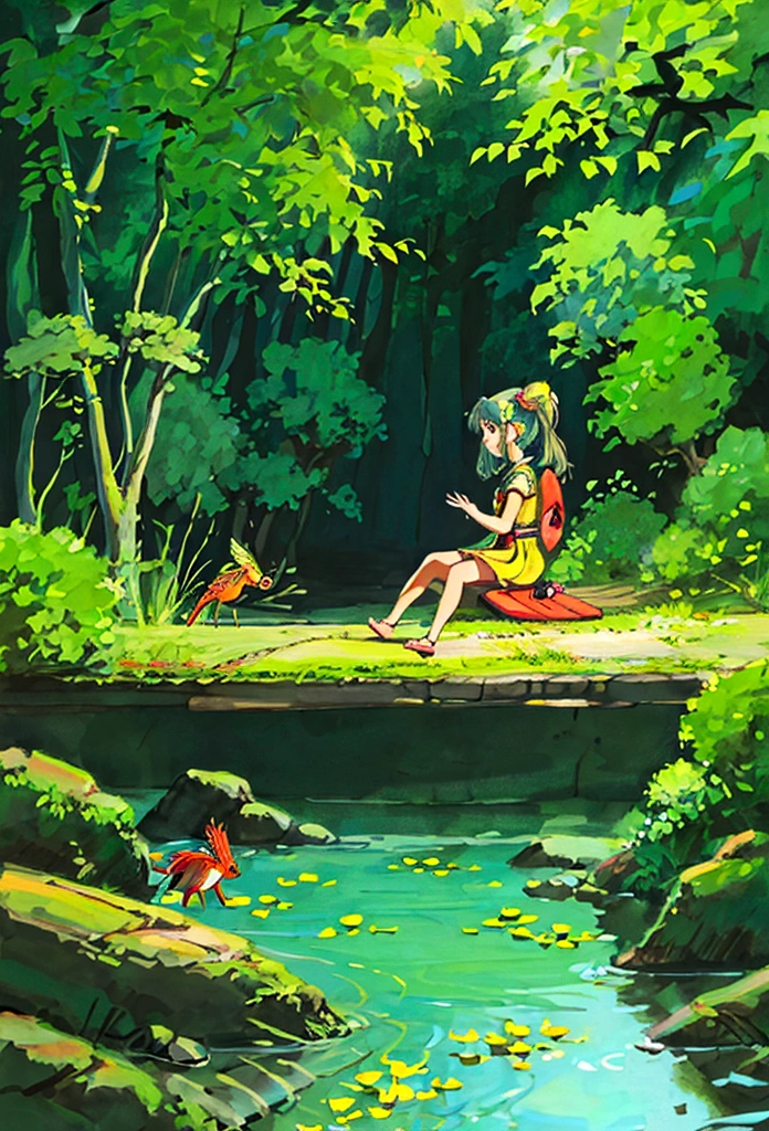 Illustration of a girl sitting in a pond surrounded by koi carp, fireflies