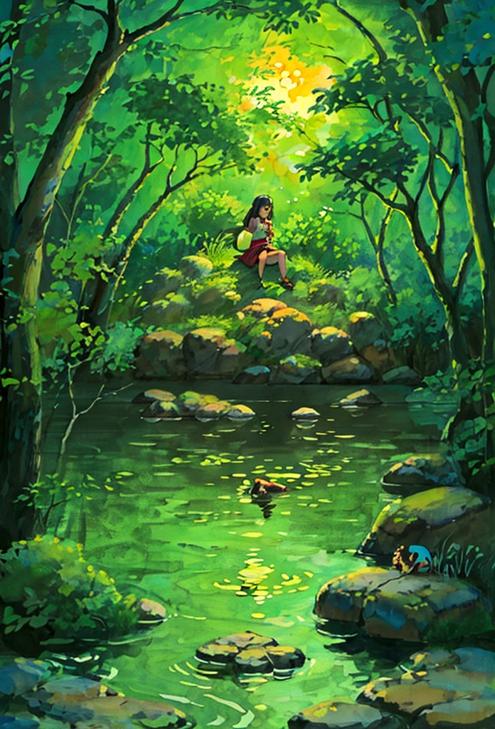 Illustration of a girl sitting in a pond surrounded by koi carp, fireflies