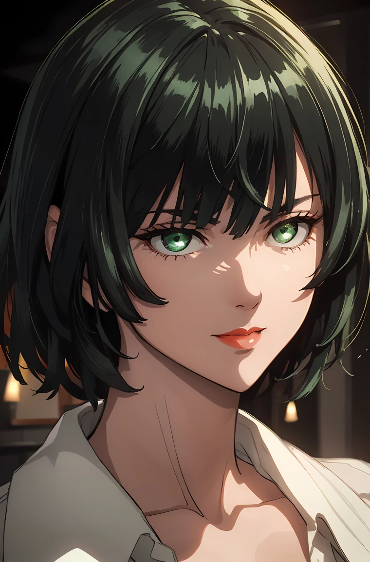 green eyes, (green color hair:1.2),By bang,short hair, flawless skin,dainty smile,vibrant red lips,delicate features, best quality, master piece, best lighting, colorful anime style, vibrant colors, soft and warm lighting,subtle shadows and highlights, high-resolution artwork, vivid colors,professional portrait style, fine brushstrokes, sharp focus, realistic rendering, masterful composition, ethereal ambiance, gentle warm tones, studio lighting effects