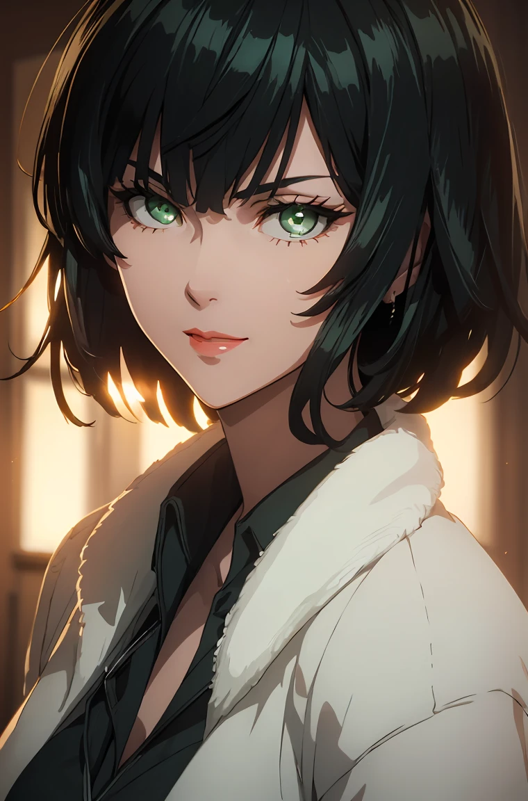green eyes, (green color hair:1.2),By bang，short hair, flawless skin,dainty smile,vibrant red lips,delicate features, best quality, master piece, best lighting, colorful anime style, vibrant colors, soft and warm lighting,subtle shadows and highlights, high-resolution artwork, vivid colors,professional portrait style, fine brushstrokes, sharp focus, realistic rendering, masterful composition, ethereal ambiance, gentle warm tones, studio lighting effects