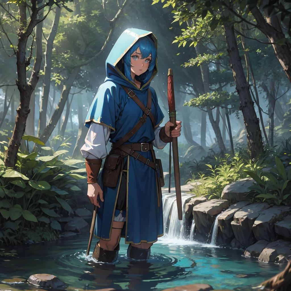 water dwarf in the forest with medieval adventurer outfit hood