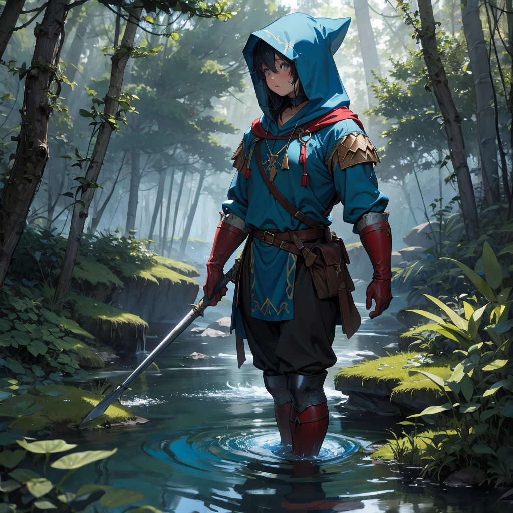 water dwarf in the forest with medieval adventurer outfit hood