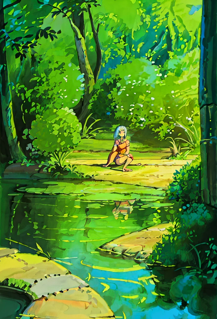 a girl sitting in a pond,koi carp,fireflies,heron,detailed illustration,beautiful detailed eyes,beautiful detailed lips,extremely detailed face,long eyelashes,beautiful scenery,detailed pond environment,cinematic lighting,vibrant colors,digital art,concept art,fantasy art