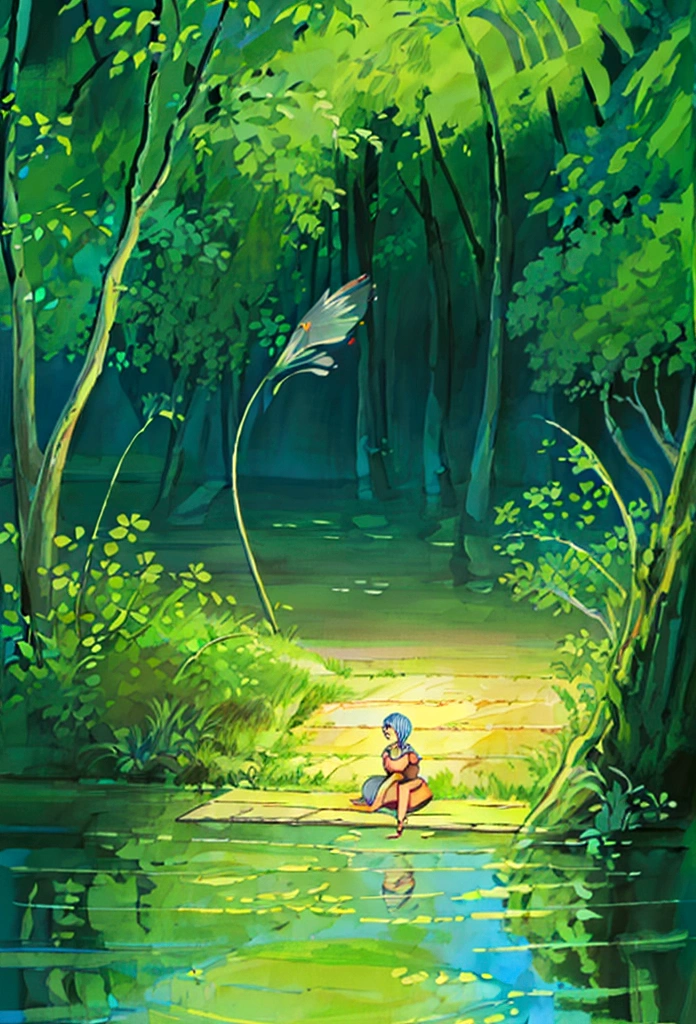 a girl sitting in a pond,koi carp,fireflies,heron,detailed illustration,beautiful detailed eyes,beautiful detailed lips,extremely detailed face,long eyelashes,beautiful scenery,detailed pond environment,cinematic lighting,vibrant colors,digital art,concept art,fantasy art