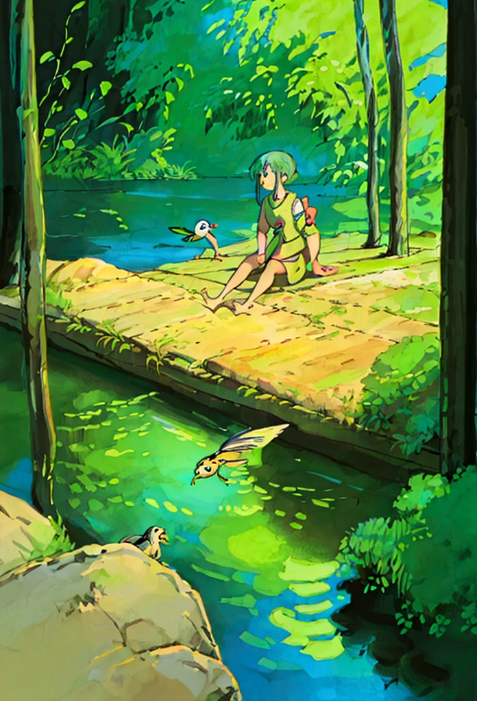 a girl sitting in a pond,koi carp,fireflies,heron,detailed illustration,beautiful detailed eyes,beautiful detailed lips,extremely detailed face,long eyelashes,beautiful scenery,detailed pond environment,cinematic lighting,vibrant colors,digital art,concept art,fantasy art
