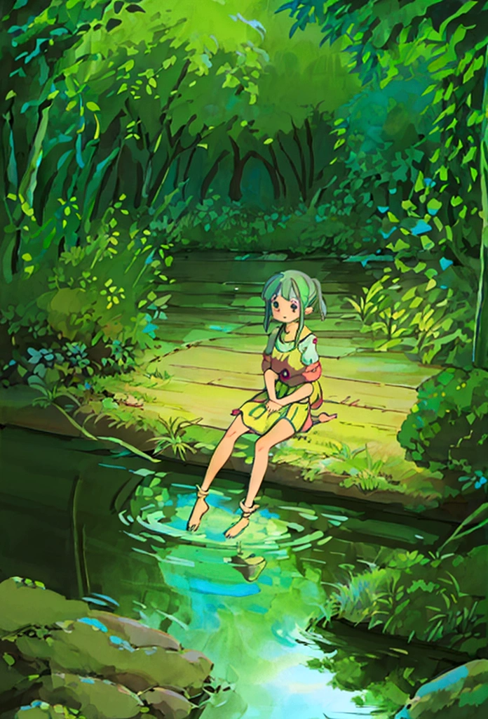 a girl sitting in a pond,koi carp,fireflies,heron,detailed illustration,beautiful detailed eyes,beautiful detailed lips,extremely detailed face,long eyelashes,beautiful scenery,detailed pond environment,cinematic lighting,vibrant colors,digital art,concept art,fantasy art