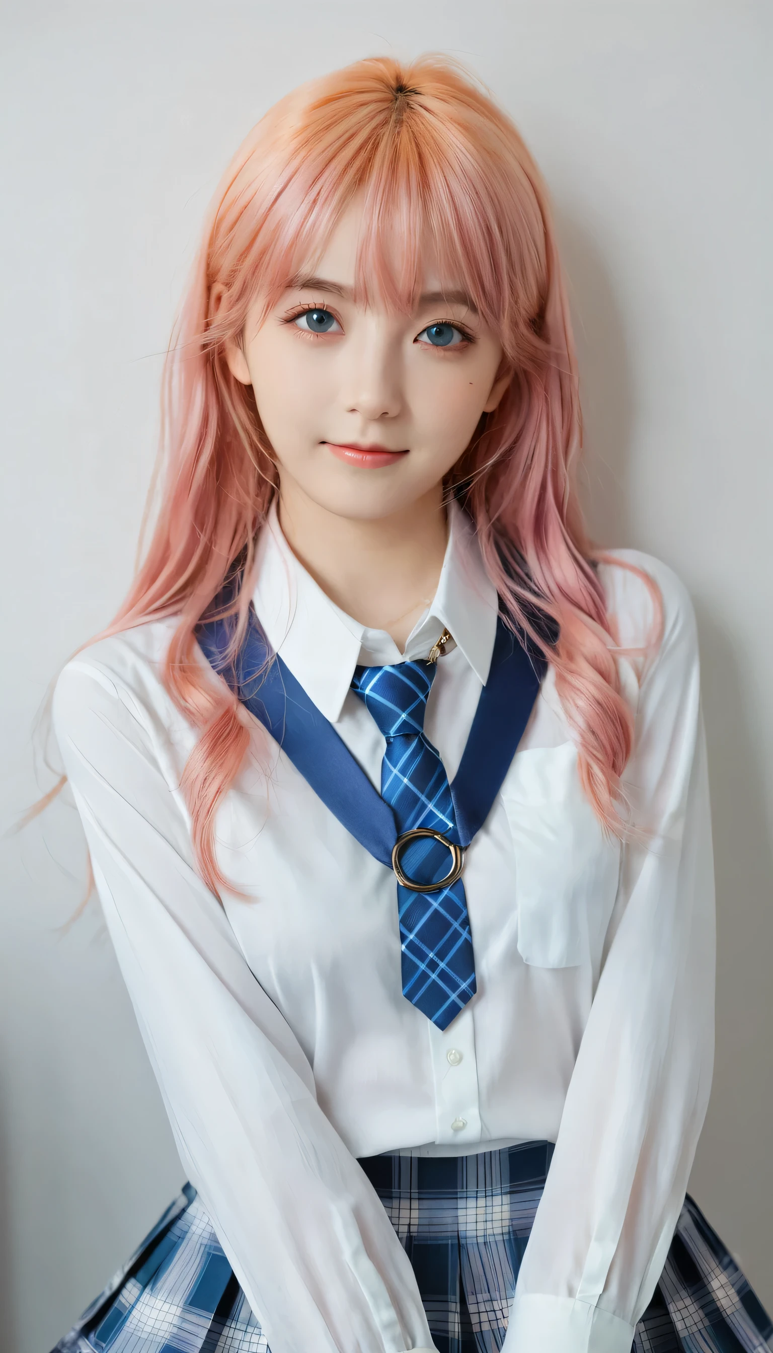 1girl, hoshino (blue archive), solo, heterochromia, pink hair, skirt, long hair, necktie, ahoge, shirt, halo, plaid skirt, blue eyes, plaid, looking at viewer, white shirt, sitting, orange eyes, chest harness, harness, long sleeves, id card, open mouth, very long hair, collared shirt, smile, blue necktie, bangs, feet out of frame, between legs, hand between legs, blush, hair between eyes, highres,masterpiece, best quality