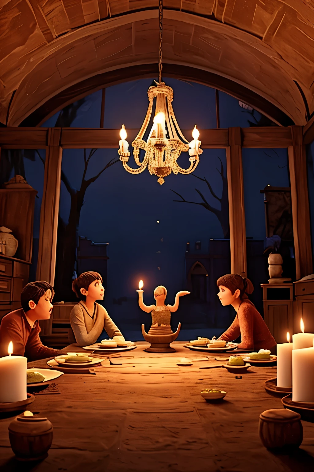 Friends meet in a room surrounded by candles, decorated with spider roofs and decay. They discover a table set for a sumptuous banquet, with putrefied food and empty chairs. The candlelight reflected off the dirt that covered the floor., as the echo of the dry ground echoed beneath them. The atmosphere was dark and haunting, with a feeling of death that enveloped the entire room. Friends exchanged glances