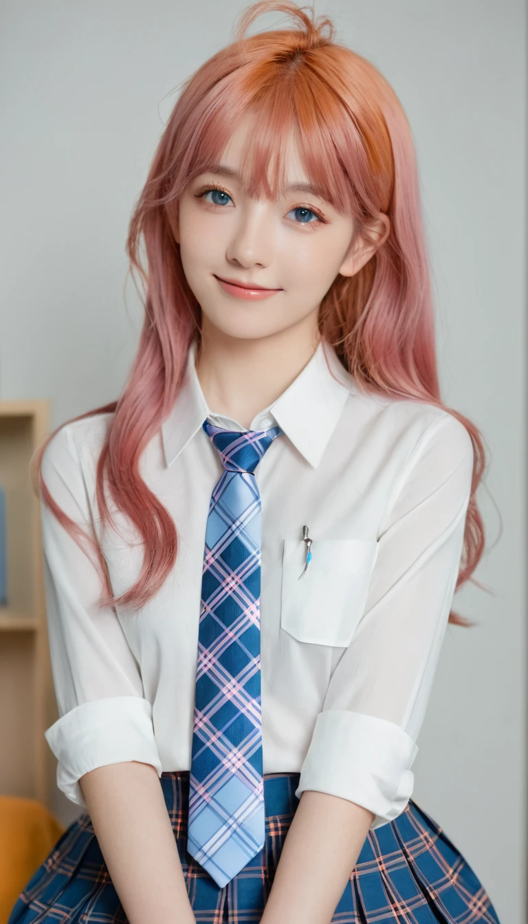 1girl, hoshino (blue archive), solo, heterochromia, pink hair, skirt, long hair, necktie, ahoge, shirt, halo, plaid skirt, blue eyes, plaid, looking at viewer, white shirt, sitting, orange eyes, chest harness, harness, long sleeves, id card, open mouth, very long hair, collared shirt, smile, blue necktie, bangs, feet out of frame, between legs, hand between legs, blush, hair between eyes, highres,masterpiece, best quality
