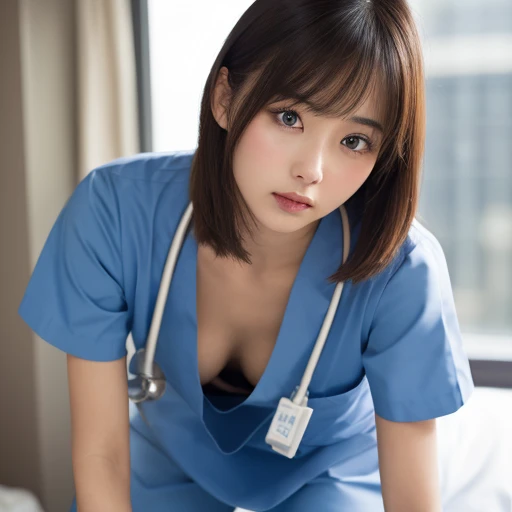 High resolution、超High resolution、photograph、japanese women、look far away、cute、25 years old、random hairstyle、nurse、Angle of view from the side、Japanese、lean forward、Medium chest、valley、nipple slip,nipple visible、nipple、Through gaps in clothes