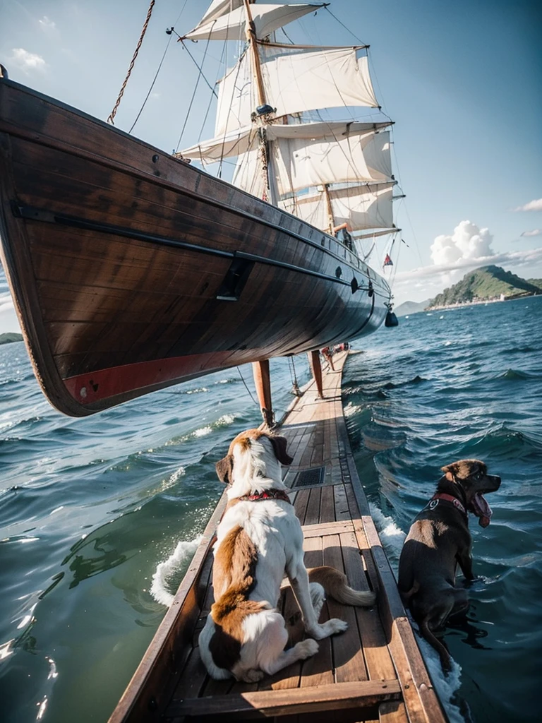 A ship on the open sea、Wooden Vessels、young man in armor、He is accompanied by a dog, a monkey and a pheasant.、View of the island from the back of the boat、In the distance you can see an island where demons live.,RAW Photos,Very high resolution
