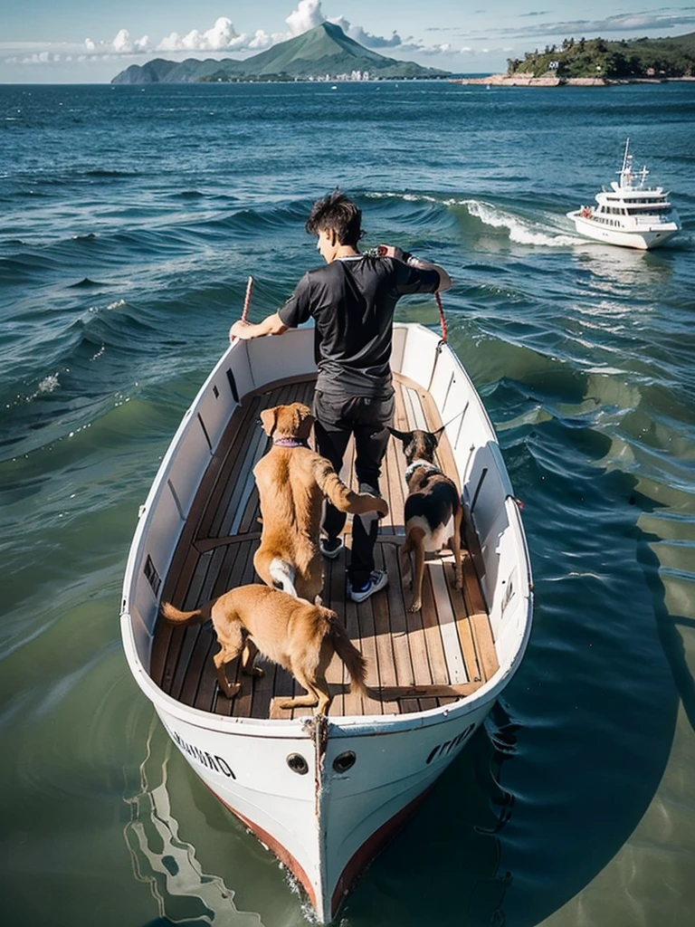 A ship on the open sea、Wooden Vessels、young man in armor、He is accompanied by a dog, a monkey and a pheasant.、View of the island from the back of the boat、In the distance you can see an island where demons live.,RAW Photos,Very high resolution