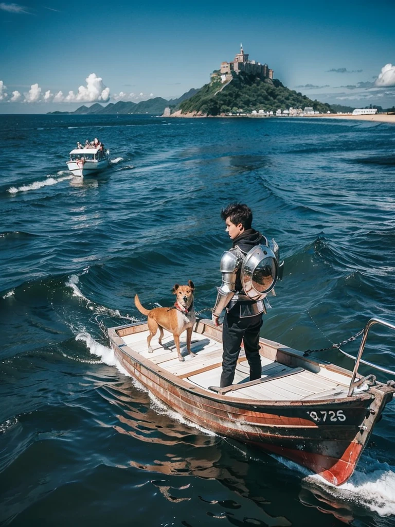 A ship on the open sea、Wooden Vessels、young man in armor、He is accompanied by a dog, a monkey and a pheasant.、View of the island from the back of the boat、In the distance you can see an island where demons live.,RAW Photos,Very high resolution