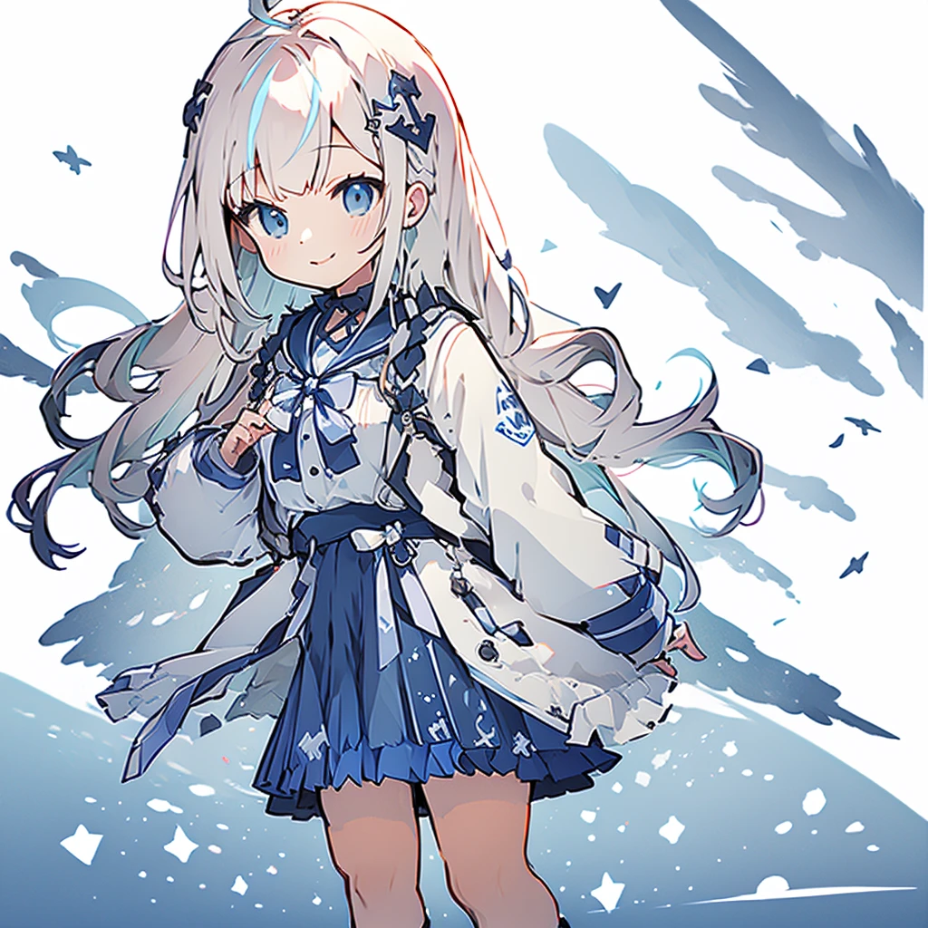 masterpiece, best quality, highres, bbaqua, white jacket, long sleeves, blue skirt, cowboy shot, standing, smile, indroos,1girl,solo
