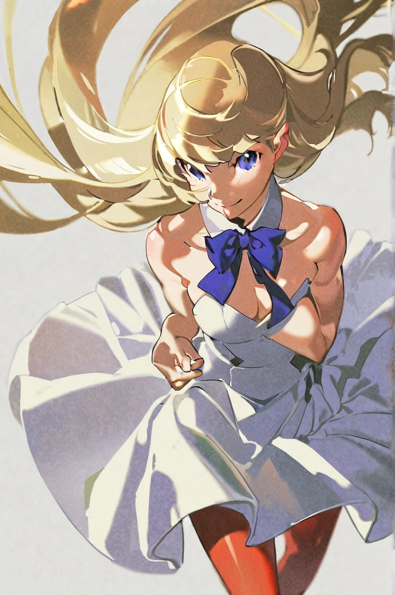by yoneyama mai by James Gilleard,(1girl,20 years old,mature female),blonde hair,long hair,white dress, sleeveless, bow tie, bare shoulders,smile,cleavage,pantyhose,((white background)), aesthetic, detailed, beautiful color amazing quality, best quality, high quality