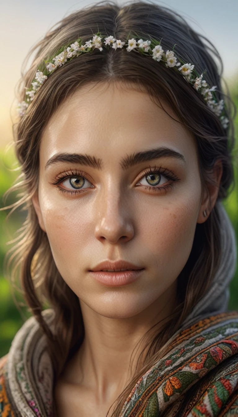 RAW photo, photography, photorealistic, 8k vibrant photograph of woman in nature, ultra detail, finely detailed, dramatic light, finely detailed beautiful eyes, detailed skin, depth of field, grey eyes