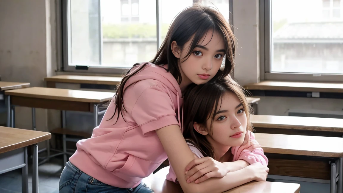 deux femmes ensemble de 18 ans sexy et mince , pink short sleeve hoodie , salle de classe, se touche,position sey,sensuel
