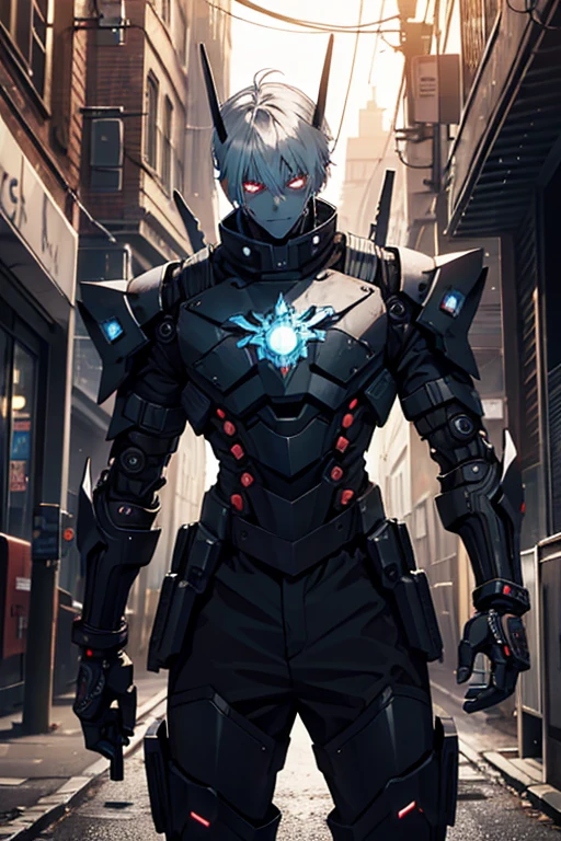 tenebrosa_fancy,cyber punk,(chainsawman,chainsawman man,rot:1.1),1 men,Mechanical Wonder,Robotic presence,Cyber Guardian, wearing a worn mechanical suit, intricate, (steel metal [rusty]), chic, Focus Clear, shot by greg rutkowski, soft lighting, swirly vibrant colors, work of art, ((Street)), cowboy shot, dynamic pose,