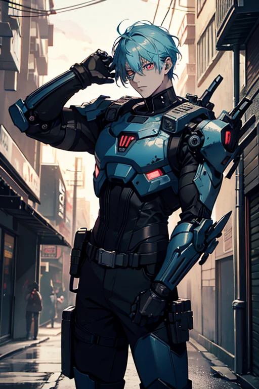 tenebrosa_fancy,cyber punk,(chainsawman,chainsawman man,rot:1.1),1 men,Mechanical Wonder,Robotic presence,Cyber Guardian, wearing a worn mechanical suit, intricate, (steel metal [rusty]), chic, Focus Clear, shot by greg rutkowski, soft lighting, swirly vibrant colors, work of art, ((Street)), cowboy shot, dynamic pose,