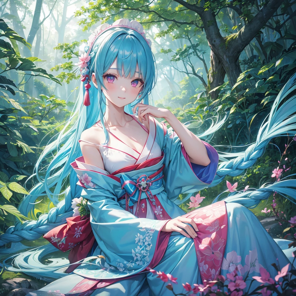 sky Blue hair, (braided ponytail),(pink eyes),fair skin ,(full body),1 girl,smile,white red kimono,Fresh green forest,leaning forward,Forest Goddess,Straight Bangs,(masterpiece, best quality, ultra-detailed, best shadow), (detailed background), (beautiful detailed face), high contrast, (best illumination, an extremely delicate and beautiful), ((cinematic light)), colorful, hyper detail, dramatic light, intricate details,guardian of the forest,Leaf Blizzard,