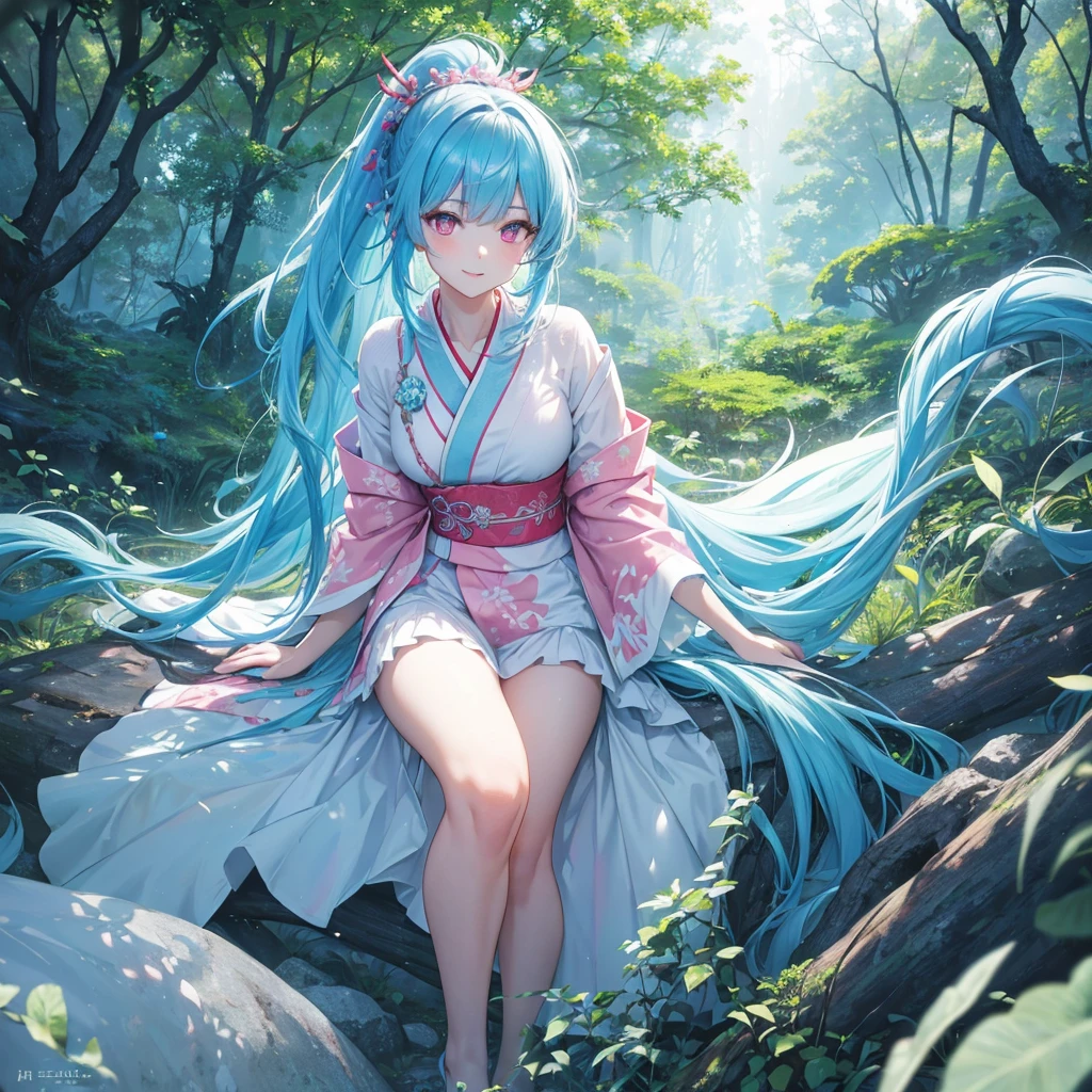 sky Blue hair, (braided ponytail),(pink eyes),fair skin ,(full body),1 girl,smile,white red kimono,Fresh green forest,leaning forward,Forest Goddess,Straight Bangs,(masterpiece, best quality, ultra-detailed, best shadow), (detailed background), (beautiful detailed face), high contrast, (best illumination, an extremely delicate and beautiful), ((cinematic light)), colorful, hyper detail, dramatic light, intricate details,guardian of the forest,Leaf Blizzard,