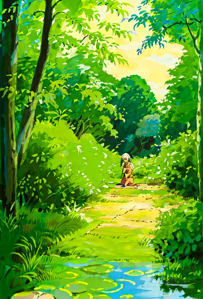 Illustration of a girl sitting in a pond surrounded by koi carp, fireflies and a heron