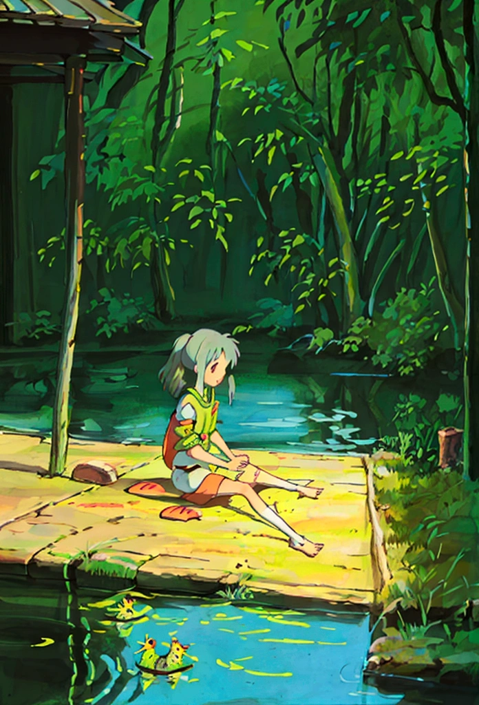 Illustration of a girl sitting in a pond surrounded by koi carp, fireflies and a heron