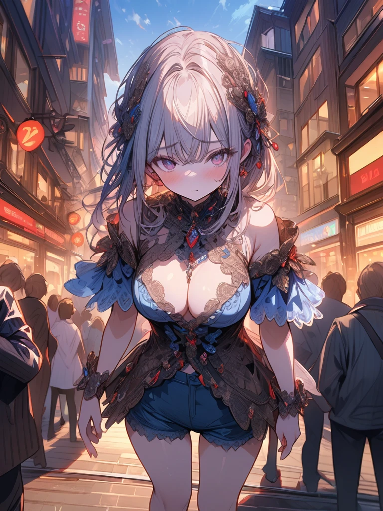((masterpiece:0), best quality, very aesthetic, up to date, absurd, detailed, high quality)
打破最high quality, Top quality, detail, high resolution, Super Fine, The art of math, Official Art, Movie, 4K, 8k resolution, 8k cg wallpaper, CG, original artwork, detailed background, Colored background, Blue atmosphere, High Dynamic Range, Blurred background, Blue Hour, Starburst effect, Twilight Light, Good ISO, high resolution, Wide-angle lens, From far away, RAW photos, Throw, Clear focus, Light Reflection, Reflection, intricate detail, Soft Light, Particle Noise, Professional photography, Bokeh, Depth of Field, Natural Lighting, Vibrant colors, Look away, detailed lights and shadows, fashionable, ultra-detailed, Top rated on Pixiv, Popular on ArtStation, Rainbow style, modern, Master production, PostureBREAK Solo, close up, from above, 1 Girl, Pale skin, Correct finger, detailed hand, (Large, firm breasts:1.4), thigh, small torso, short body, blush, blush, Anxious expression, Random, Slim, ((Lovely, Childlike face):1.3), Beautiful buttocks, Good shape, Brown hair, (飘逸的Long hair, (Big 2 Bun Hairstyle)), Long bangs, Long hair, 中Long bangs, Brown eyesBREAK
(Black Lace-Up Tank Top, Necklace, Off-the-shoulder green hoodie, (Abdominal skin), Unbuttoned shorts, Costume accessories in various colors)
BREAK A person walking on the street in a crowd, Crowded streets, Crowded streetss, in front of a large crowd, Huge Crowd, Girl walking through the city, People walking on the street