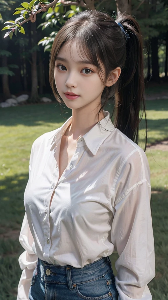 White collared shirt,jeans,Park,On the lawn,Close up face,One woman,masutepiece, The highest image quality, High quality, the background is clear,Beautiful woman, Japanese,Ultra-detailed, finely detail, hight resolution, 8K Wallpaper, Perfect dynamic composition, Beautiful detailed eyes , Detailed, Detailed eyes, Detailed skin, Beautiful skin, 超hight resolution, (reality: 1.4),Very beautiful woman, Slightly younger face, Beautiful skin, slender, (Ultra photo realsisim), (hight resolution), (8K), (Very detailed) (beautifully detailed eyes), (super detailed), (Detailed face), view the viewer, Fine details, Detailed face, Staring straight ahead, Staring straight ahead, photos realistic, Bright lighting, Professional Lighting, Black hair,poneyTail,a baby face,fourteen years old,Hairstyle: ponytail,Long ponytail hairstyle,slight smile,neat and tidy clothing,Beautiful Japanese KPOP idol photo, hair style is ponytail, my eyes are double and wide, baby face, smile and look straight ahead, slender, small breasts,Close up face,
