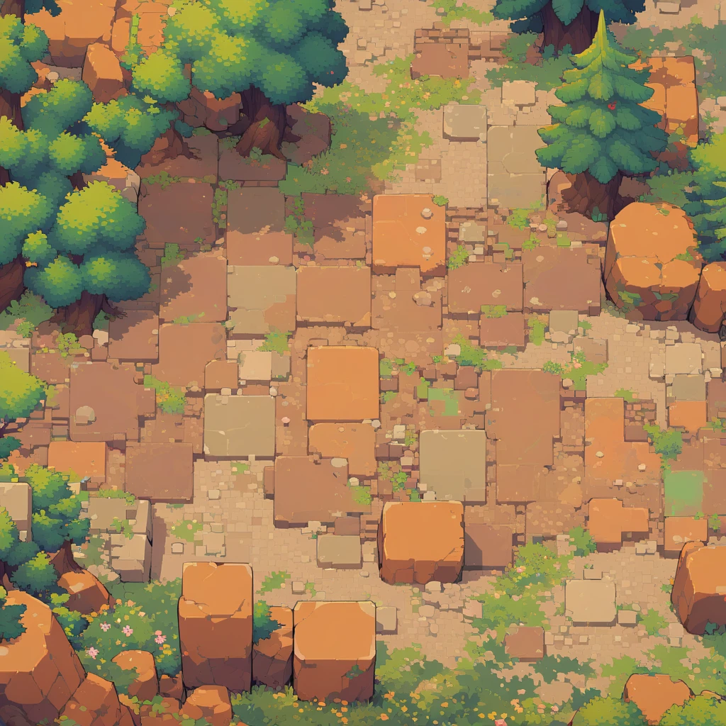 retro video game style,pixelated, vibrant pastel colors,8-bit characters,blocky shapes,sharp lines,detailed shading,classic gaming vibe,nostalgic atmosphere,classic arcade games,masterpiece:1.2,ultra-detailed,illustration style, 2d texture, clay texture, stone texture, 4 k seamless mud texture, video game texture, dirt texture, tileset, game tiles, clay material, flat texture, grass, trees, rock texture, rocky ground, forest, topdown view, game texture, game art, ground very detailed, dirt, floor texture, tileable texture, flowers, bushes, shrubs, intricate ground stone, top down view, 3/4th perspective