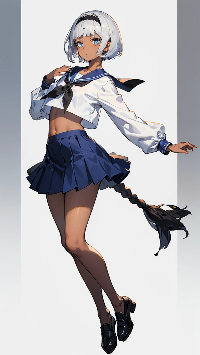 One Woman、 (((dark skin))), Beautiful silver hair、((((Very short hair))))、French braids、skyblue eyes、Beautiful Eyes、(hair band)、(((Blunt bangs))), ((Medium Chest)), No 24 years old、Tight waist, noon、Spring schoolyard、Sailor suit、-Sleeve、belly button、mini skirt、full body shot