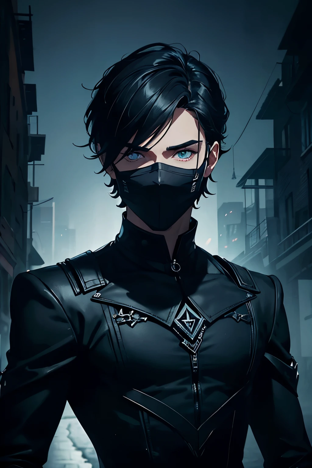 Generate an avatar of a handsome boy with a spooky and dark theme. The boy should have a masked face, adding to the mysterious and eerie atmosphere. The mask should be stylish yet slightly menacing, fitting well with the overall dark aesthetic. The background should be shadowy and ominous, enhancing the sense of mystery. The avatar should have an air of intrigue and enigma, perfect for a channel discussing conspiracy theories.