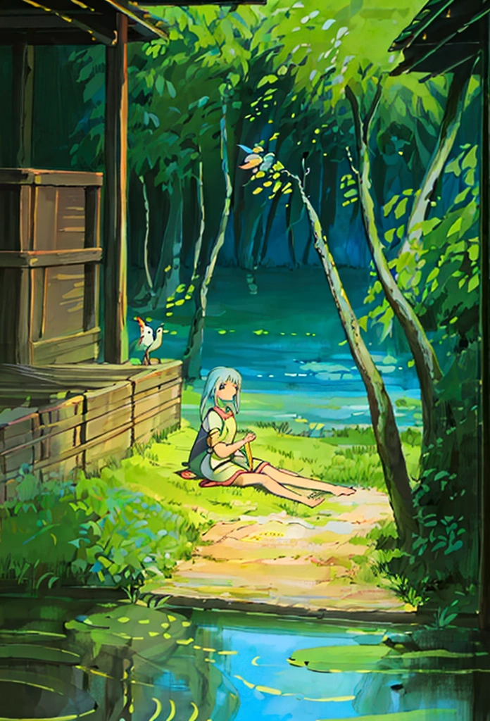 a girl sitting in a pond, surrounded by koi carp, fireflies, and a heron, detailed and realistic, highly detailed, beautiful detailed eyes, beautiful detailed lips, extremely detailed face and portrait, long eyelashes, detailed dress, detailed water reflections, detailed koi fish, detailed fireflies, detailed heron, photorealistic, 8k, hyper detailed, masterpiece, cinematic lighting, vibrant colors, muted colors, calming atmosphere