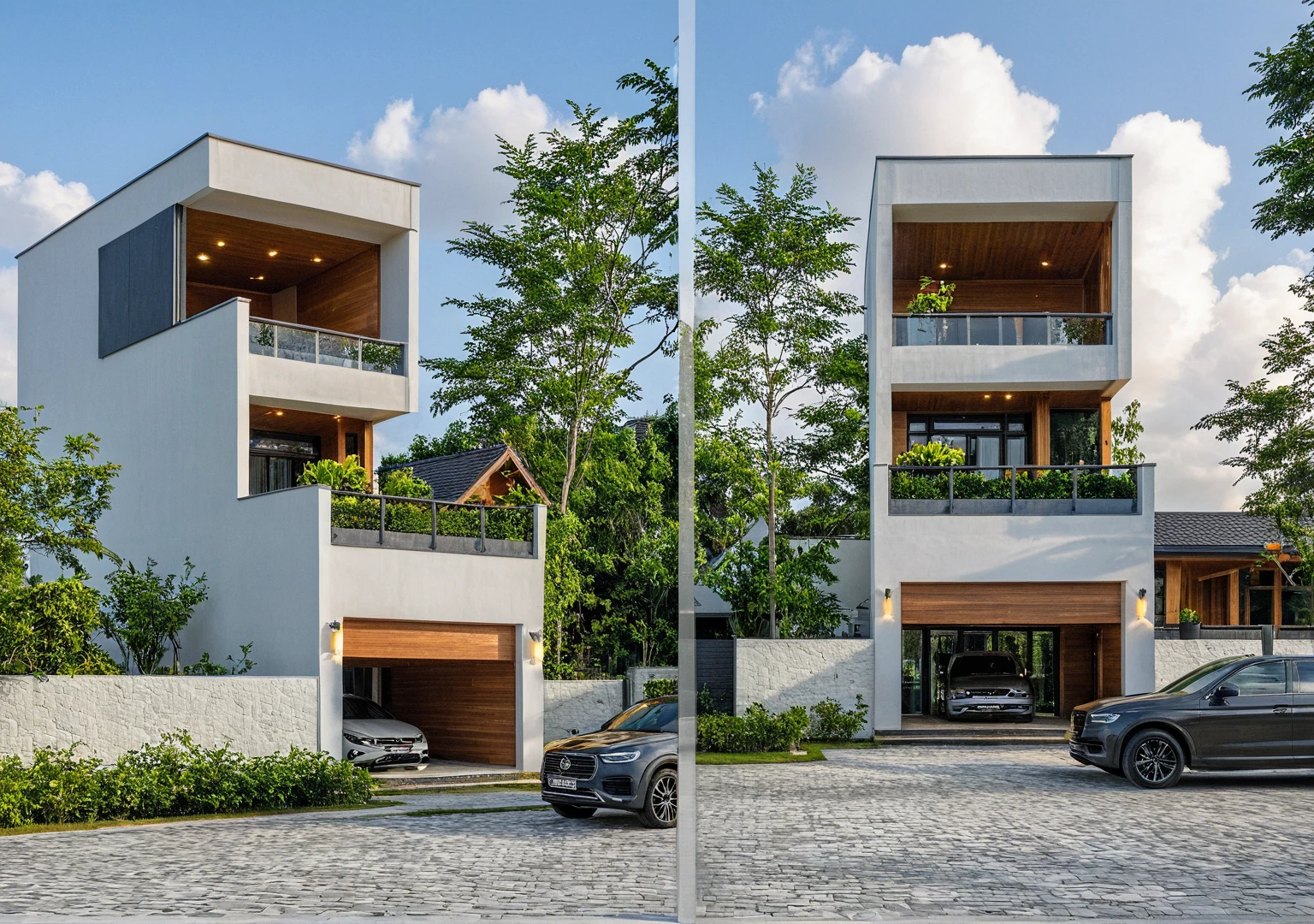 Masterpiece, high quality, best quality, authentic, super detail, outdoors, onestoreyvillaXL, aiaigroup, house style modern on the street ,stairs, white wall ,road,pavement, grass, trees, sky, cloud, (daylight:1.1)