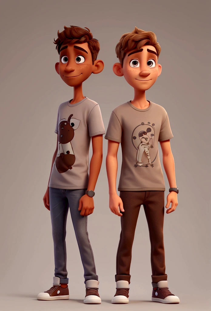 a man, middle aged, brown, very short shaved hair, flat nose and thin mouth, thin, wearing a gray t-shirt and jeans, with Disney style sneakers