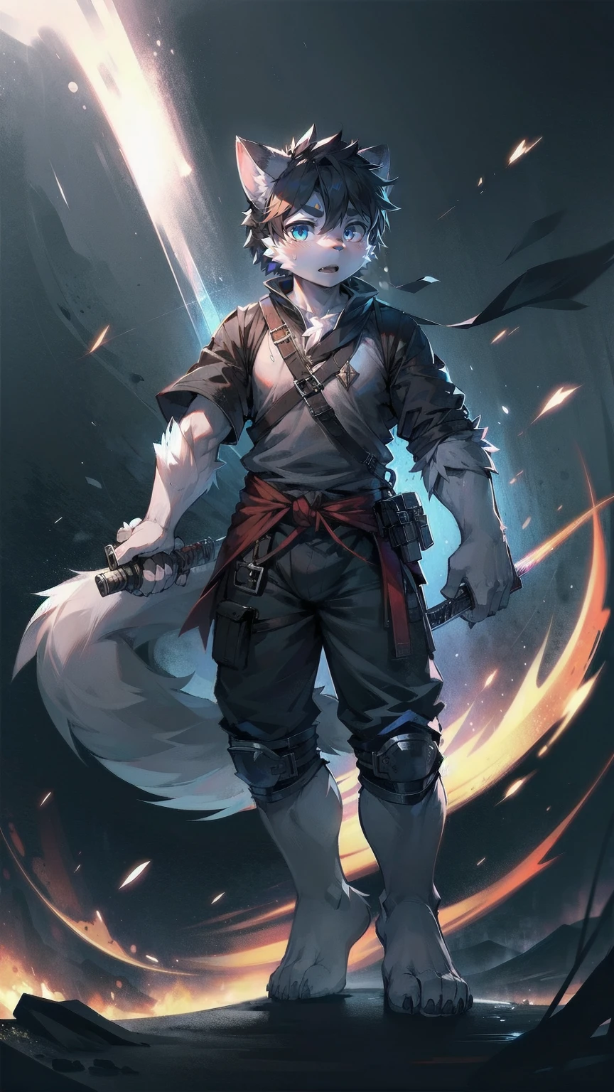 White Wolf，black hair，Sky blue eyes，hairy，Wolf ears，Wolf tail，Full body portrait，The character is in the center of the frame，Handsome，Confident eyes，male，juvenile，Black and white combat uniform，Red neck bib，Black shorts，Short sleeve，hairy arms and legs，Dark background，Dark battlefield，dawn，sunrise，dawn，illumination，shadow，Swordsman，Scabbard and sword，Hold the hilt of a sword in your hand，The scabbard is at the waist，Highest quality