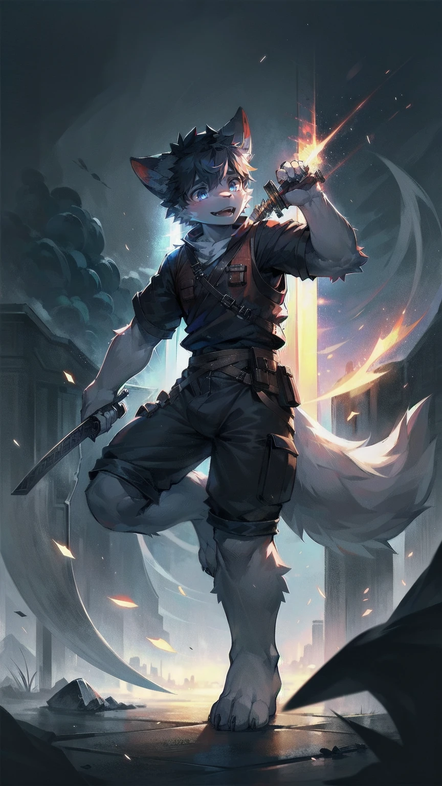 White Wolf，black hair，Sky blue eyes，hairy，Wolf ears，Wolf tail，Full body portrait，The character is in the center of the frame，Handsome，Confident eyes，male，juvenile，Black and white combat uniform，Red neck bib，Black shorts，Short sleeve，hairy arms and legs，Dark background，Dark battlefield，dawn，sunrise，dawn，illumination，shadow，Swordsman，Scabbard and sword，Hold the hilt of a sword in your hand，The scabbard is at the waist，Highest quality