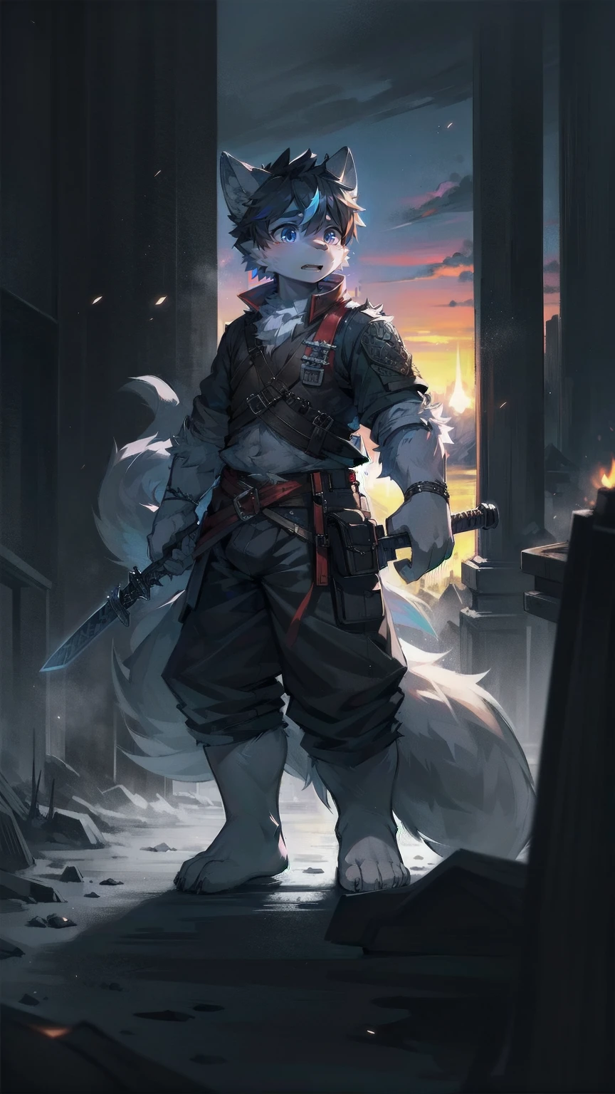 White Wolf，black hair，Sky blue eyes，hairy，Wolf ears，Wolf tail，Full body portrait，The character is in the center of the frame，Handsome，Confident eyes，male，juvenile，Black and white combat uniform，Red neck bib，Black shorts，Short sleeve，hairy arms and legs，Dark background，Dark battlefield，dawn，sunrise，dawn，illumination，shadow，Swordsman，Scabbard and sword，Hold the hilt of a sword in your hand，The scabbard is at the waist，Highest quality