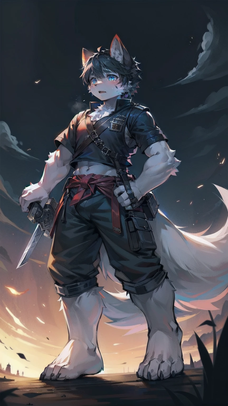 White Wolf，black hair，Sky blue eyes，hairy，Wolf ears，Wolf tail，Full body portrait，The character is in the center of the frame，Handsome，Confident eyes，male，juvenile，Black and white combat uniform，Red neck bib，Black shorts，Short sleeve，hairy arms and legs，Dark background，Dark battlefield，dawn，sunrise，dawn，illumination，shadow，Swordsman，Scabbard and sword，Hold the hilt of a sword in your hand，The scabbard is at the waist，Highest quality