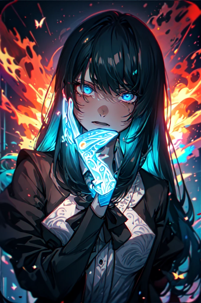 Beautiful hands, Beautiful dresasterpiece, (best quality:1.2), intricate details, ado, 1girl, multicolored hair, long hair, collared shirt, jacket, bangs, long sleeves, blue flower, (mature female:1.2), Ado, (dark blue hair, light blue inner), extra long hair, straight hair, blue eyes, slanted eyes, white inner shirt, (long black jacket, long black pants),  (masterpiece, best quality:1.2), intricate details, ado, 1girl, multicolored hair, long hair, collared shirt, bangs, long sleeves, blue flower, (mature female:1.2), Stars and comets pass by in the open sky, Beautiful Clouds, A tree with glowing fireflies and butterflies々, (Ultra-realistic), {Highly detailed CG unit 8k wallpaper}, Vast landscape photography, (View from below with a panoramic view of the sky, vast open field vision), (Low angle shot), (Light: 1.5), (warm Light source: 1.2), Intricate details, (Rainbow colors: 1.2), (bright Lighting), (atimospheric Lighting), dream-like, Magic, fairy tale