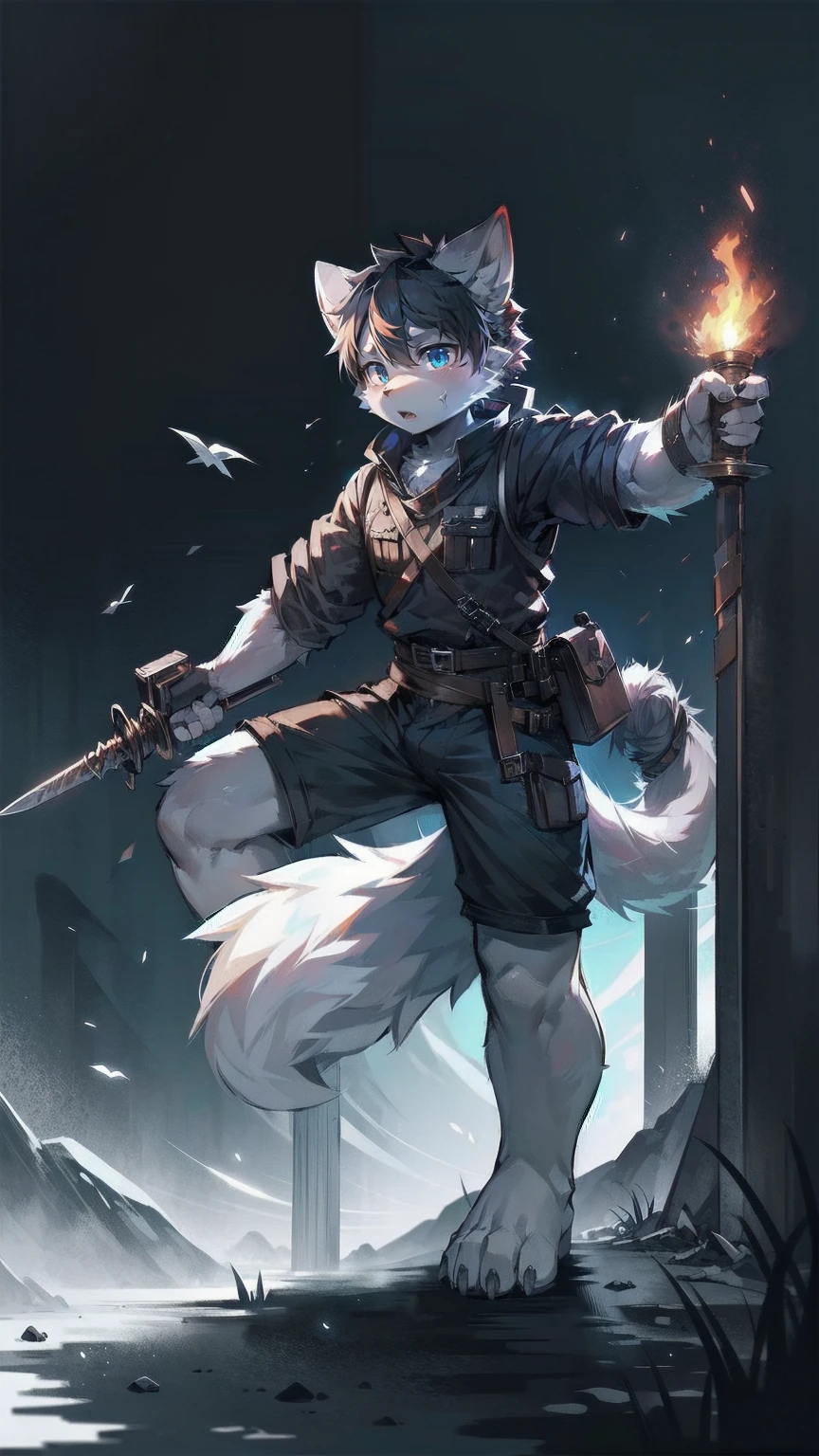 White Wolf，black hair，Sky blue eyes，hairy，Wolf ears，Wolf tail，Full body portrait，The character is in the center of the frame，Handsome，Confident eyes，male，juvenile，Black and white combat uniform，Red neck bib，Black shorts，Short sleeve，hairy arms and legs，Dark background，Dark battlefield，dawn，sunrise，dawn，illumination，shadow，Swordsman，Scabbard and sword，Hold the hilt of a sword in your hand，The scabbard is at the waist，Highest quality