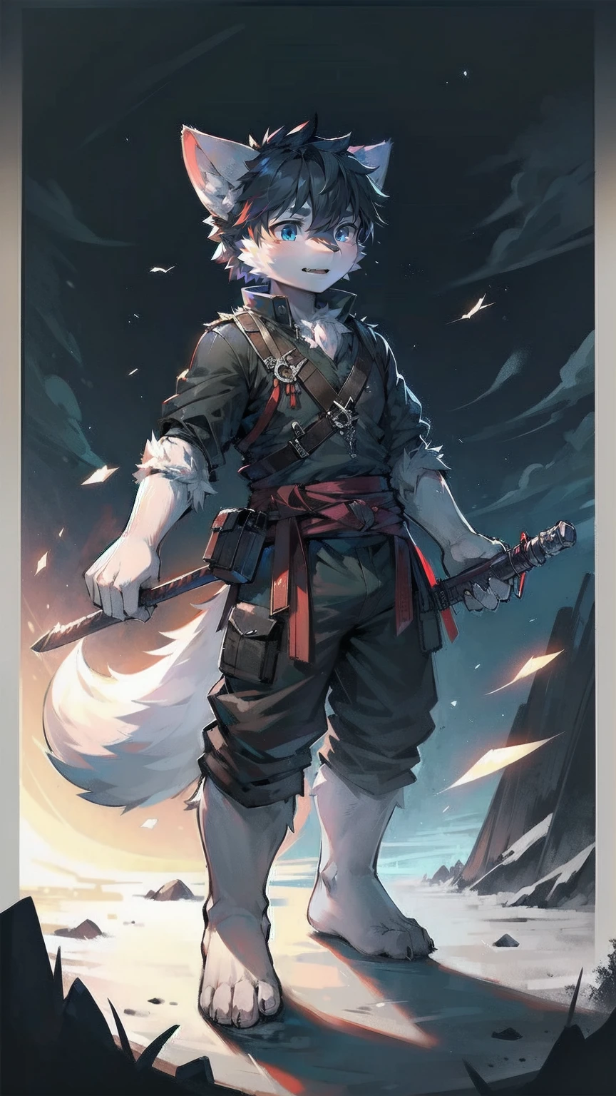 White Wolf，black hair，Sky blue eyes，hairy，Wolf ears，Wolf tail，Full body portrait，The character is in the center of the frame，Handsome，Confident eyes，male，juvenile，Black and white combat uniform，Red neck bib，Black shorts，Short sleeve，hairy arms and legs，Dark background，Dark battlefield，dawn，sunrise，dawn，illumination，shadow，Swordsman，Scabbard and sword，Hold the hilt of a sword in your hand，The scabbard is at the waist，Highest quality