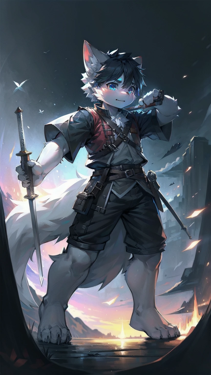 White Wolf，black hair，Sky blue eyes，hairy，Wolf ears，Wolf tail，Full body portrait，The character is in the center of the frame，Handsome，Confident eyes，male，juvenile，Black and white combat uniform，Red neck bib，Black shorts，Short sleeve，hairy arms and legs，Dark background，Dark battlefield，dawn，sunrise，dawn，illumination，shadow，Swordsman，Scabbard and sword，Hold the hilt of a sword in your hand，The scabbard is at the waist，Highest quality