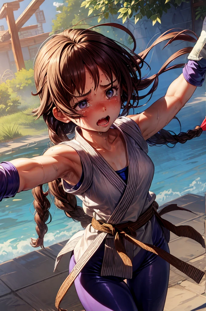 (masterpiece, best quality, high resolution, unity 8k wallpaper, extremely detailed CG:1), (illustration:1.0), 1girl,solo, yurims, headband, dougi, spandex, gloves,Face full of scars、Skin shiny with sweat、 injured scared girl、 crying wet bursting out eyes, real tears streaming down face, ultra-detailed eyes,bandaid on face,covered with mud,expression of despair,Illumination that emphasizes shiny sweat{{{Spread }}},(crotch rope walking:1.0)