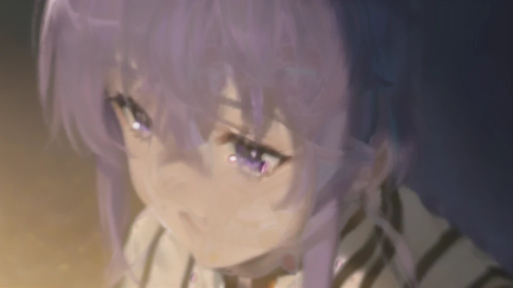 a close up of a person with purple hair and a striped shirt, nobutaka ike, shirabii, ayaka genshin impact, hana yata, moe, grimgar, 2 d cg, hajime yatate, tsuaii, megumu okada, smug expression, fus rei, shikamimi, wataru kajika