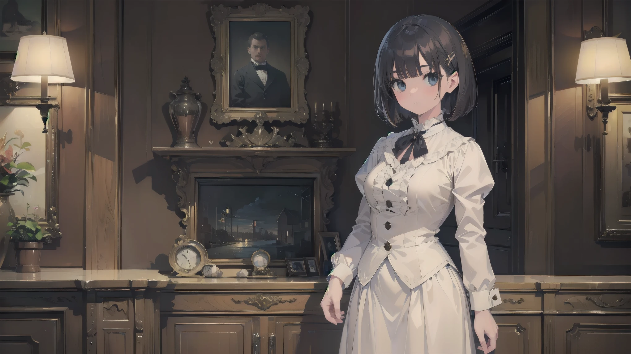 (Highest quality、16K、masterpiece、Ultra-high resolution、Victorian era、Realistic:1.2)、Cowboy Shot、One-length bob cut braided hair clip with front drop、Branded Uniforms　cute、clear、 Tsundere、heroine&#39;attribute
