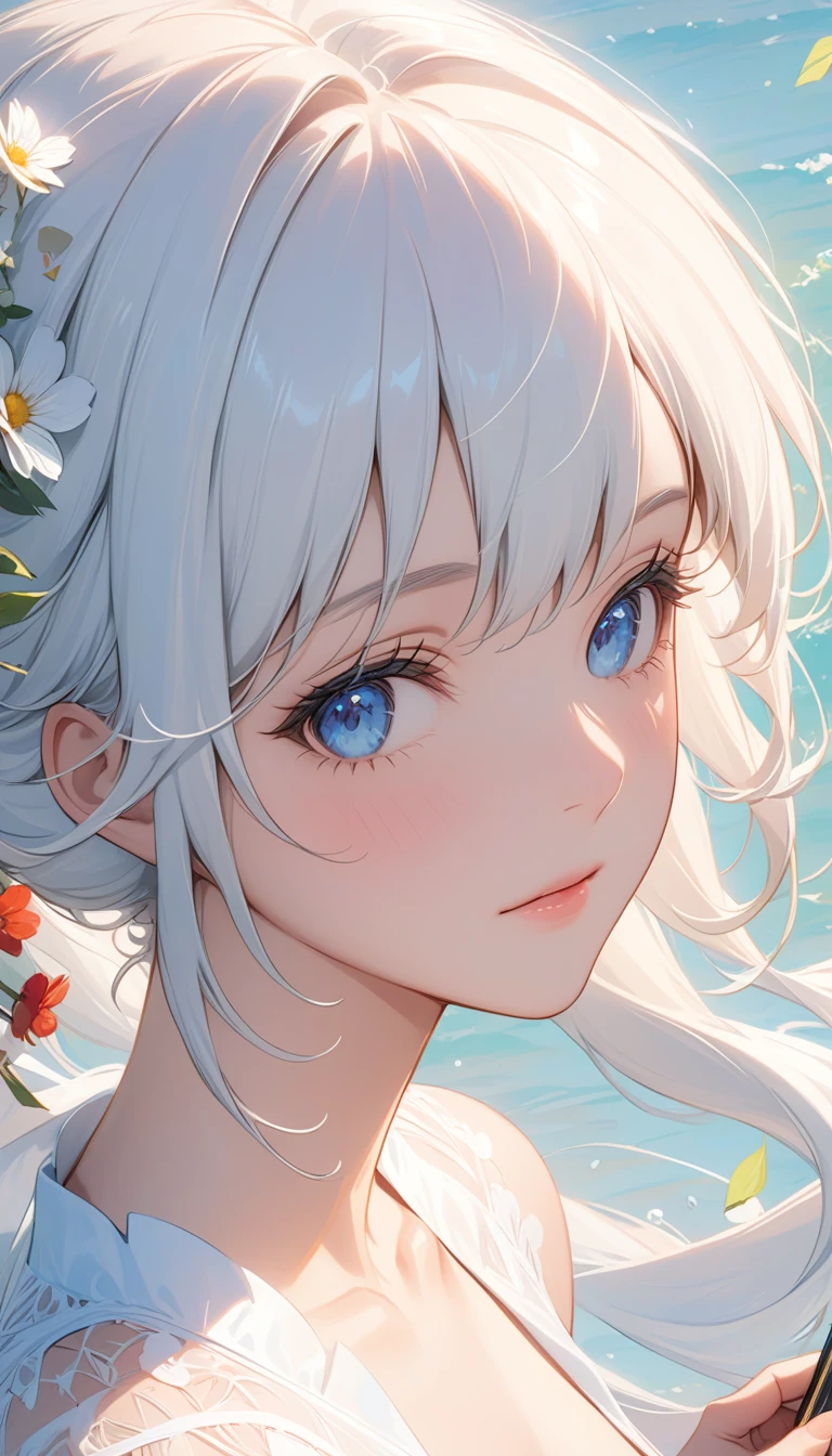 masterpiece, Highest quality, Super Detail, 8K, Detail Light, Detailed Shadows, born, (Delicate skin), (Genuine: 1.1), 1 Girl, White Hair, one piece ，Eye close-up, write, ephemeral